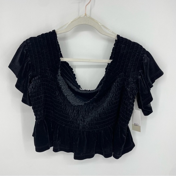 BP NORDSTROMS BLACK VELVET OFF SHOULDER SMOCKED RUFFLE CROP TOP PLUS 2X - Picture 3 of 8